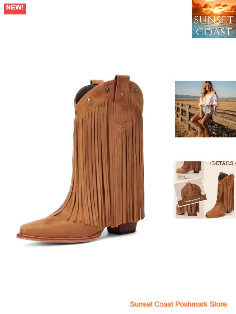 Fringe Cowboy Boots Pointed Toe Chunky Heel Mid Calf Western Boots